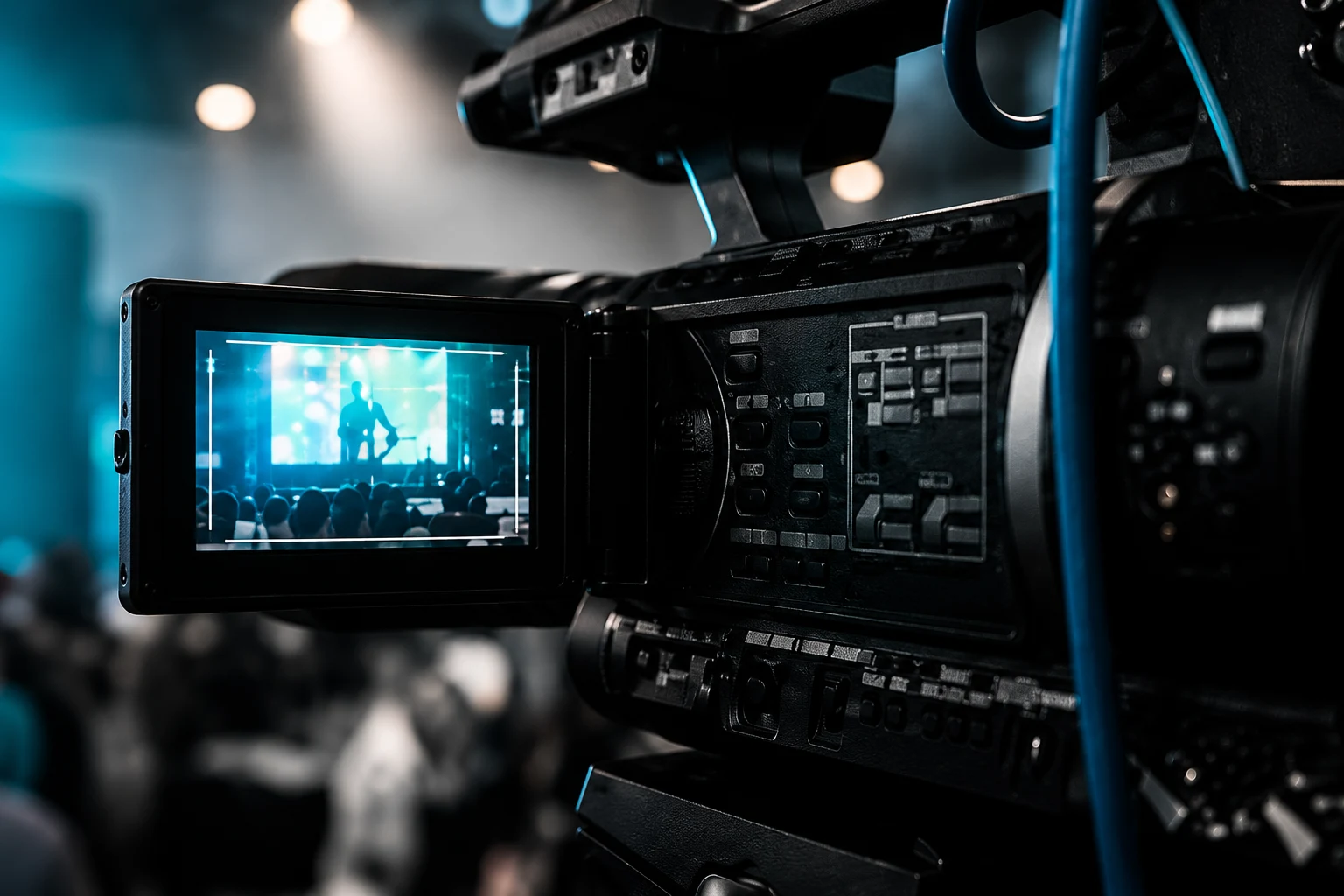 Filmes kamera monitorral, kékes stúdiófényben